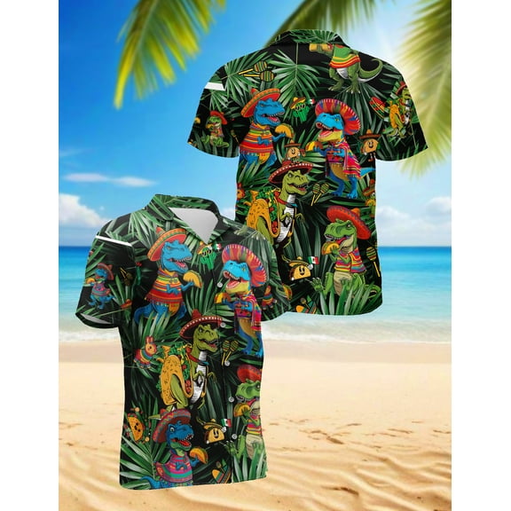 Dinosaurs Taco Hawaiian Shirt for Men, Tropical Style, Button Down Summer Beach Short Sleeve, S-5XL