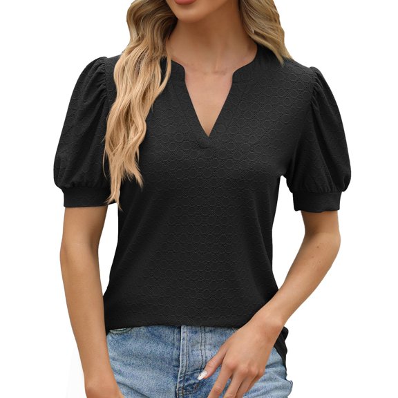 Mifelio Spring Tops for Women 2024 Solid Puff Sleeve T Shirt V Neck Short Sleeve T Shirt Casual Every Day Tops Womens Tops Black L