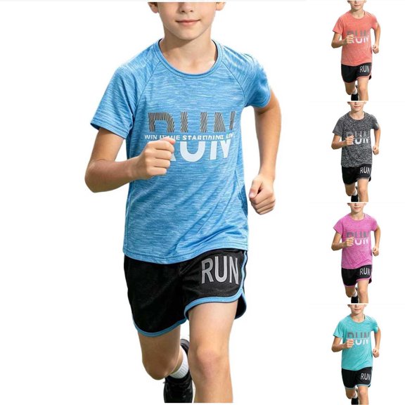 Miqool Boys 2-Piece Summer Athletic Sets Quick Dry Short Sleeve Elastic Waist Shorts Lightweight Sports Sets 1-15 Years