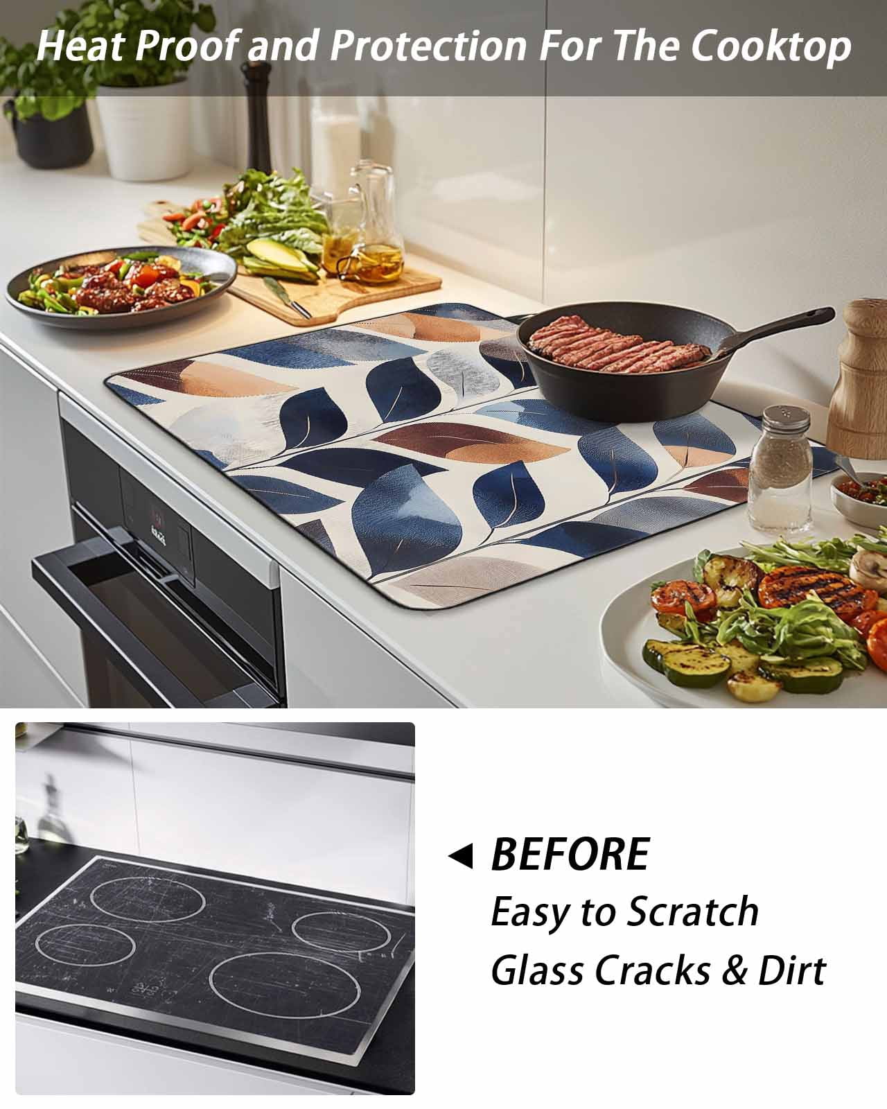Stove Top Covers for Electric Stove, Navy Blue Burnt Orange Glass Stovetop Cover Protector, Botanical Palm Leaf Abstract Induction Cooktop Protector Oven Mat for Kitchen Countertop 24"x21"