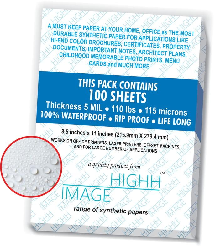 WATERPROOF Paper 100 Sheets, Thickness 5 MIL 110 LB, SYNTHETIC Paper, 8.5X11 from HIGHH IMAGE  Print with Laser Printers