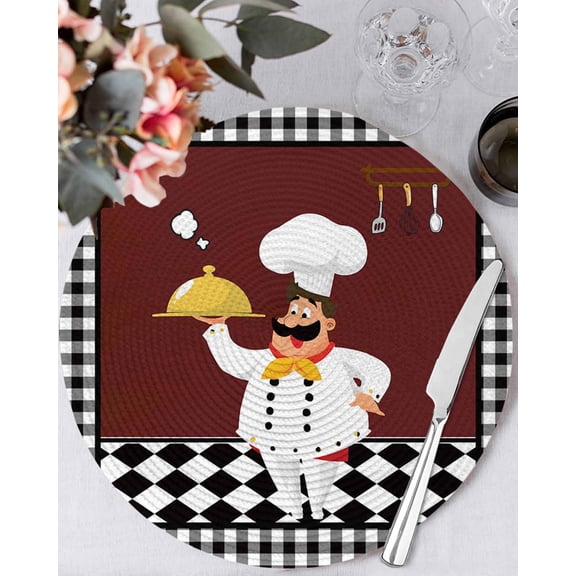 15 Inch Round Placemats Set of 6, Red Kitchen Chef Non Slip Heat Insulation PP Table Mats, Black Plaid Gourmet Food Vintage Washable Place Mats for Kitchen Dining Party Table Decor