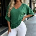 thumbnail image 5 of TEAJOPSUU Womens Summer 3/4 Sleeve Tops Casual Drop Shoulder V Neck Loose Shirts Daily Baggy Solid Polycotton Blouses Green, 5 of 5