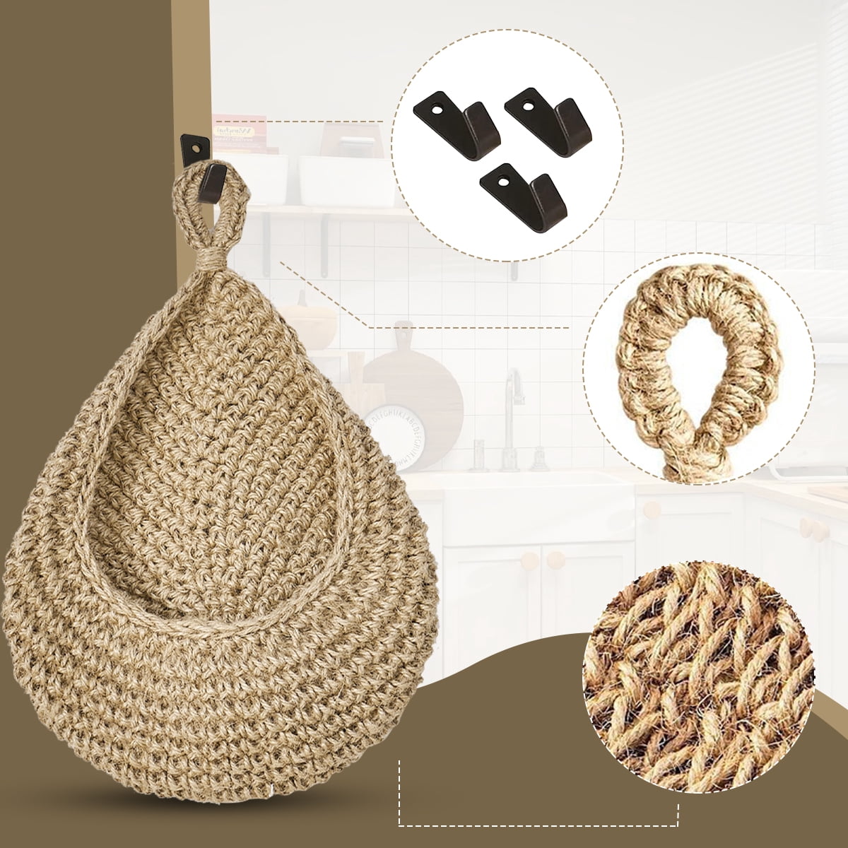Hanging Baskets Kitchen Boho Jute Hanging Basket Woven Wall Decorative Vegetable Fruit Baskets Potato Garlic Onion Storage 3 Pcs
