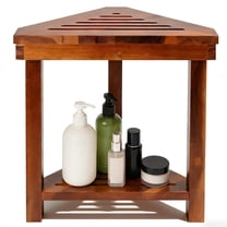 Corner Shower Stool with Storage Shelf Shower Foot Rest for Shaving Legs, MOJINO Waterproof Acacia Wood Shower Foot Bench Bathroom with Non-Slip Feet, Nature