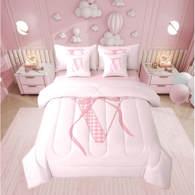 Erosebridal Cartoon Initial V Bed in a Bag Twin size, Kawaii Ribbon Bed Set, Teens Princess Decor, Reversible