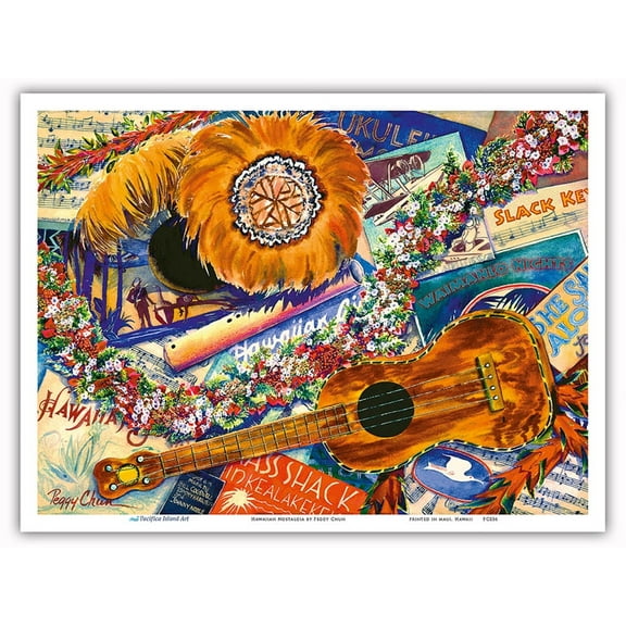 Hawaiian Nostalgia - Ukulele Feather Gourds (’Uli ’Uli) Sheet Music - From an Original Hawaii Watercolor Painting by Peggy Chun - Master Art Print (Unframed) 9in x 12in