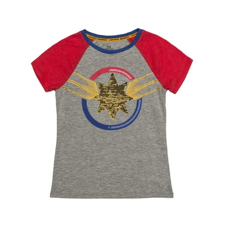 Reversible Flip Sequin Captain Marvel Logo Graphic Raglan T-Shirt (Little Girls & Big Girls)