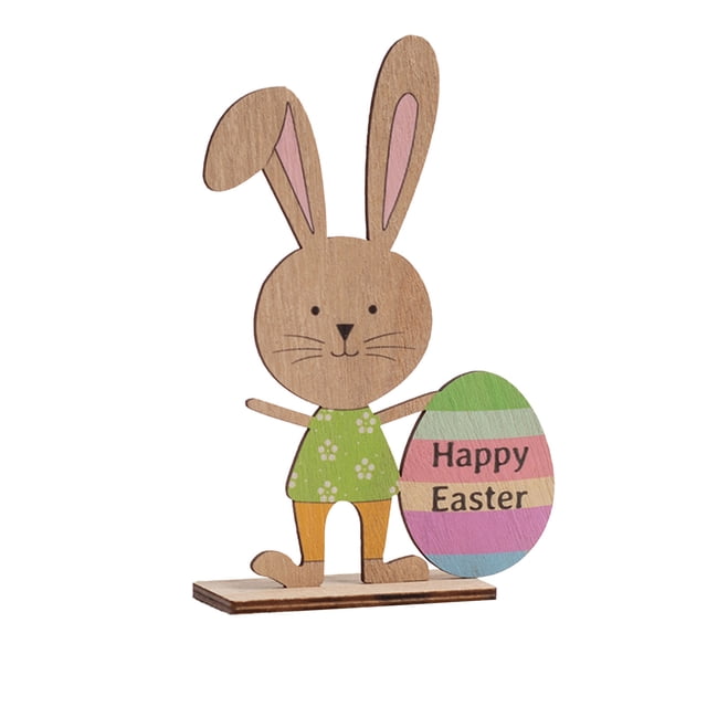 Small Accent Table for Small Spaces Wooden Easter Rabbit and Egg Decoration 10x15cm, Multicolor Patterned Tabletop Ornament, Dining Table for Small Spaces Party Decor and Centerpiece