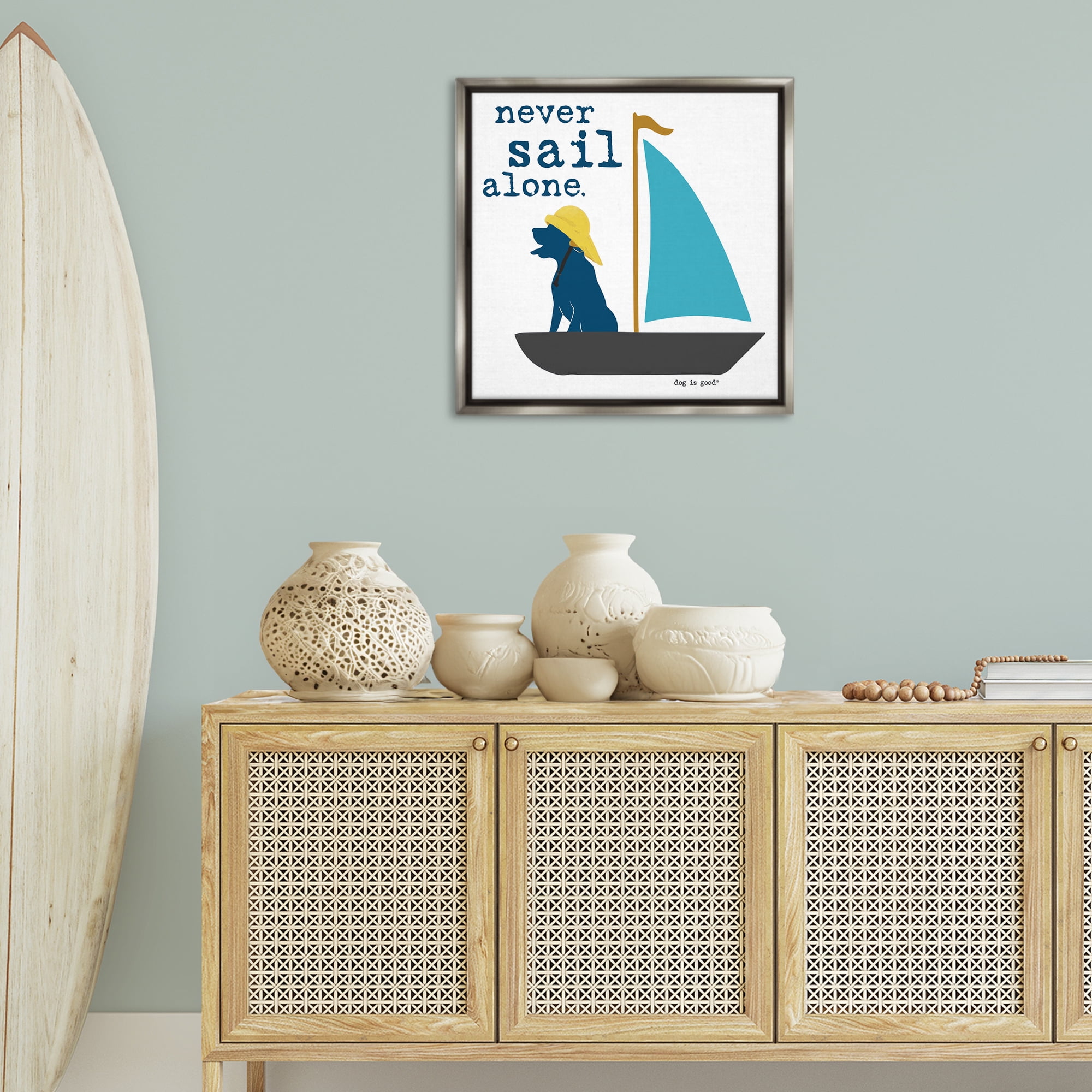 Stupell Industries Never Sail Alone Dog Animals Painting Gray Floater Framed Canvas Art Print Wall Art, 25 x 25