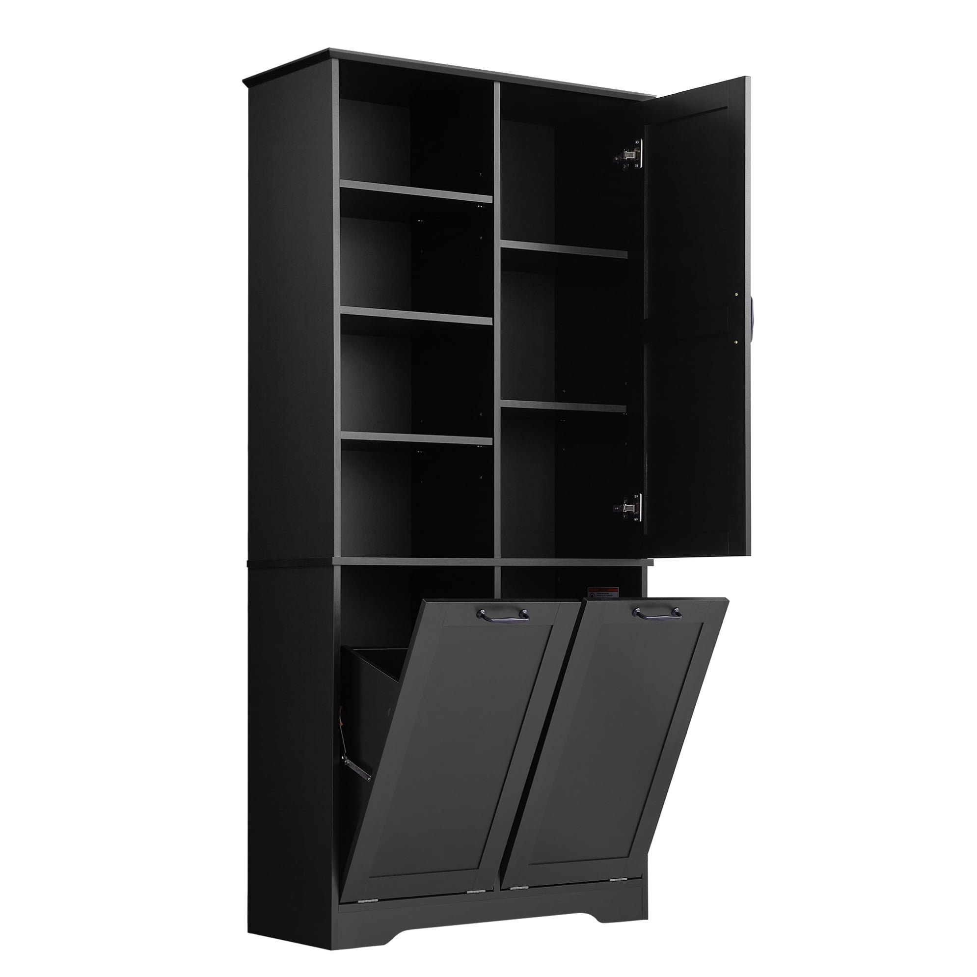 Bathroom Storage Cabinet with 2 Laundry Hamper, Wooden Bathroom Pantry Cabinet with 1 Cabinet and 4-Layer Shelves for Living Room, Black