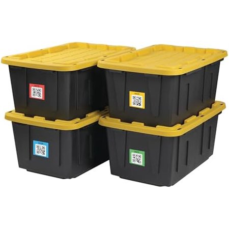 BLACK & YELLOW CX, 27-Gallon Heavy Duty Tough Storage Container with Smart QR Label for Easy Itemization, Weather-Resistant, Stackable Bin with Snap-Tight Lid (14.3”H x 20.6”W x 30.6”D) [4 Pack]