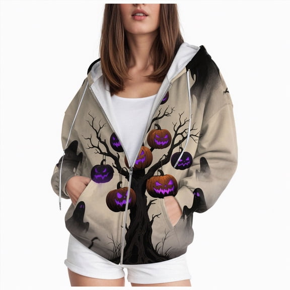 Towmus Womens Halloween Zip Up Hoodies Cute Fall Oversized Hoodied Pumpkin Face Graphic Long Sleeve Funny Pullover, Basic Tops With Pockets