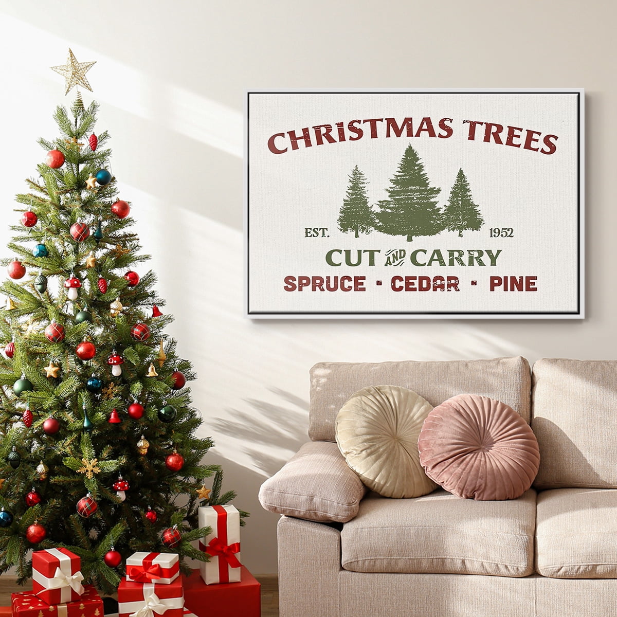Christmas Farm Sign I - Framed Gallery Wrapped Holiday Canvas - 27 x 41 - White Frame