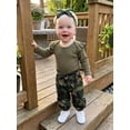 thumbnail image 5 of Loicainy Infant Baby Girl Fall Outfits 3 6 12 18 Months Cute Long Sleeve Romper and Camo Pants Bow Headband Clothes Set, 5 of 9