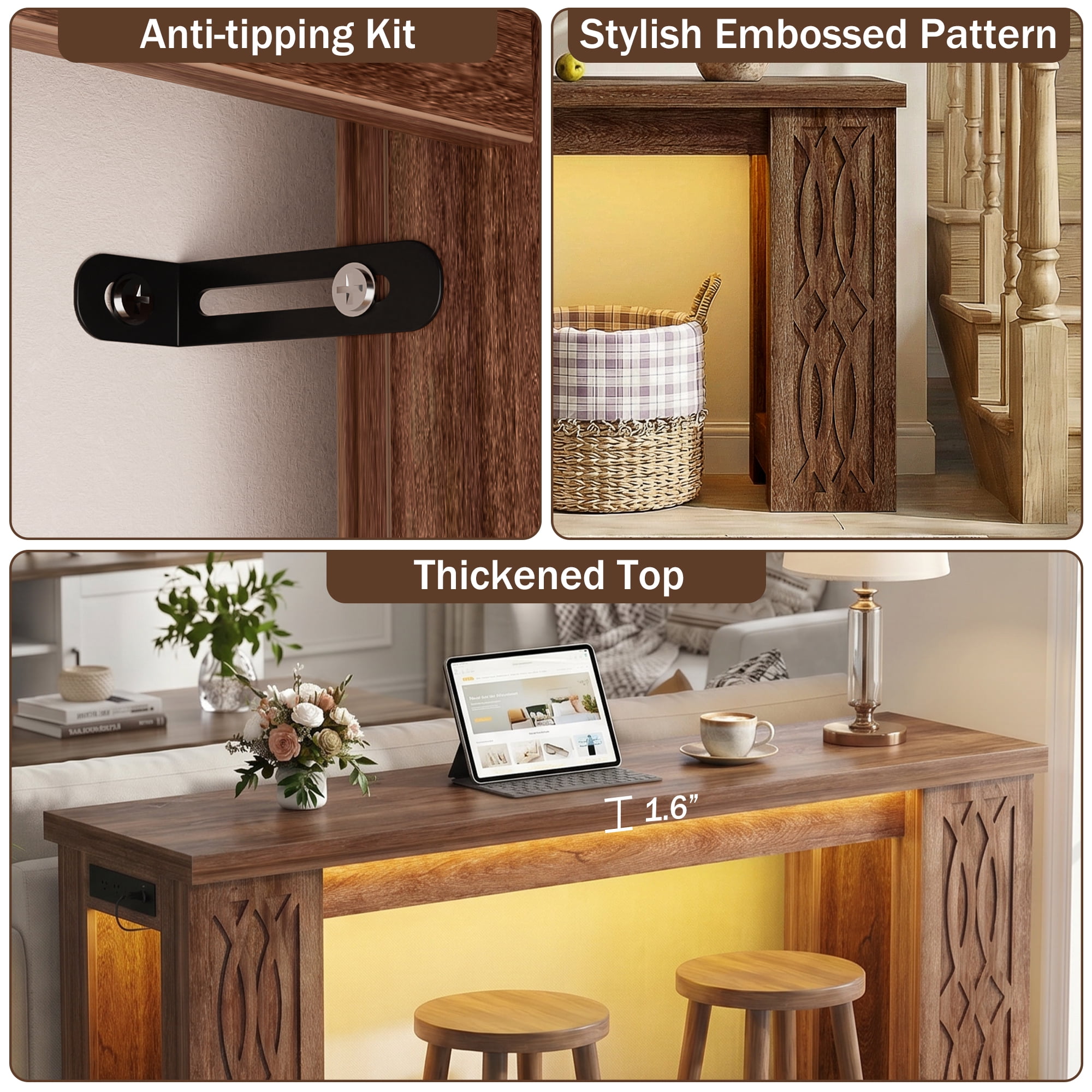 Homieasy 63'' Farmhouse Console Table with Charging Station and LED Lights for Hallway, Entryway, Living Room, Cracked Oak