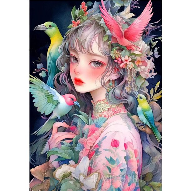 Pintura de diamantes para regalo de Navidad, decoración de habitación de niños, mosaico bordado de diamantes, flor de pájaro redondo, Cuadrado completo, chica de dibujos animados, bricolaje