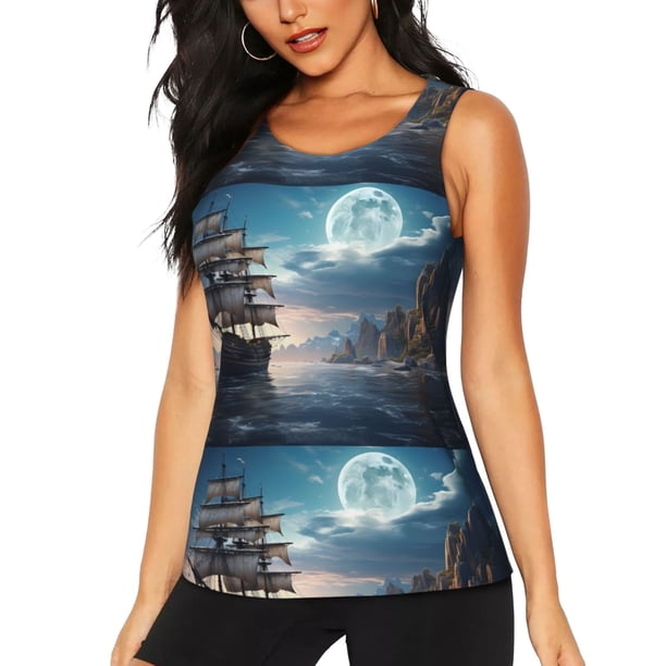 Balery Moonlit Sea Sailboat Camiseta sin mangas estampada ligera para mujer, tops de entrenamiento sin mangas, camisetas de yoga transpirables de secado rápido.-X-Large