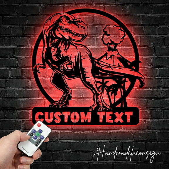 Handmadetneonsign Custom Name Tyrannosaurus Dinosaur Metal Wall Art LED Light - Personalized Dinosaur