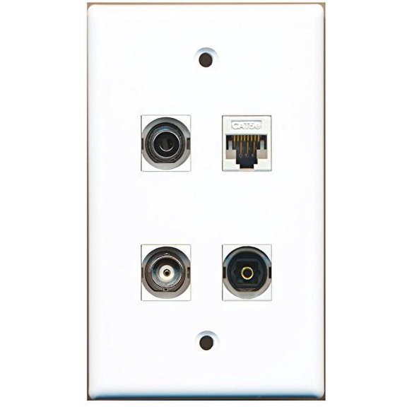 RiteAV - 1 Port Toslink 1 Port 3.5mm 1 Port BNC 1 Port Cat5e Ethernet White Wall Plate