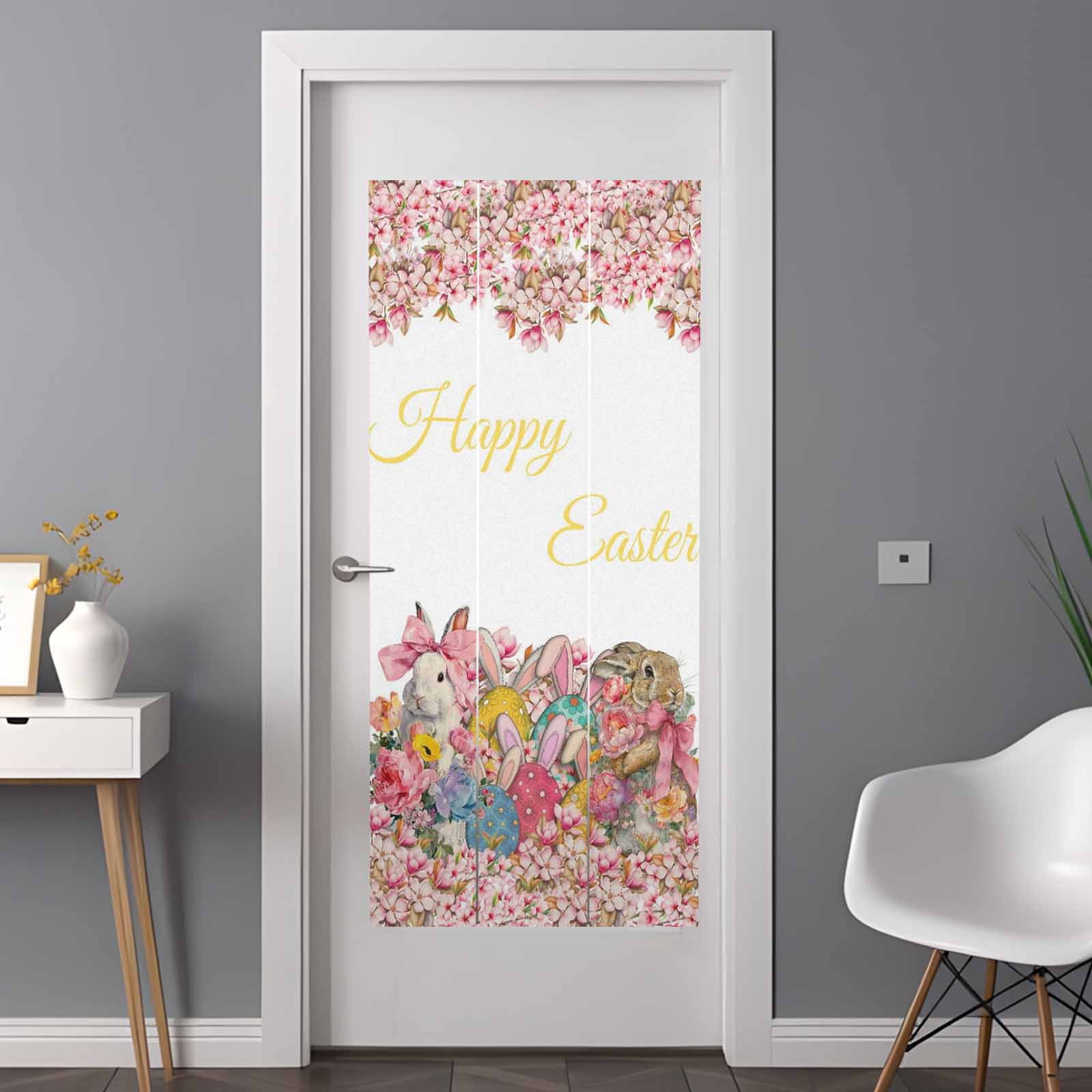 Happy Easter Window Privacy Film, Spring Bowknot Rabbits Flowers Eggs Frosted Glass Window Clings Static Cling UV Heat Blocking Reusable Door Sticker for Bathroom 35.4 x 78.7 Inch