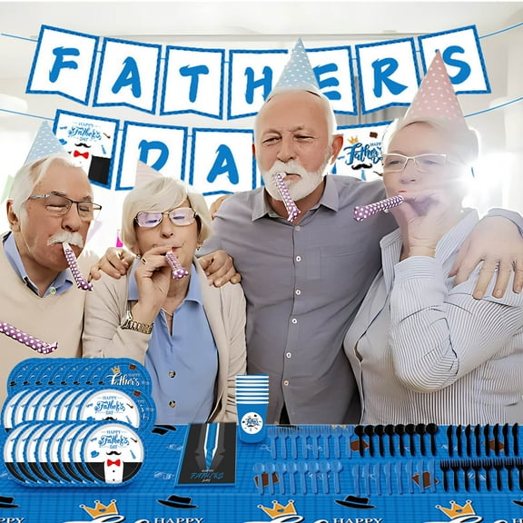 COM1950s Father's Day Party Supplies 144 Pcs - Disposable Blue Tableware Set with Plates, Cups, Cutlery, Tablecloth & Banner for Birthday, BBQ, Family Gatherings