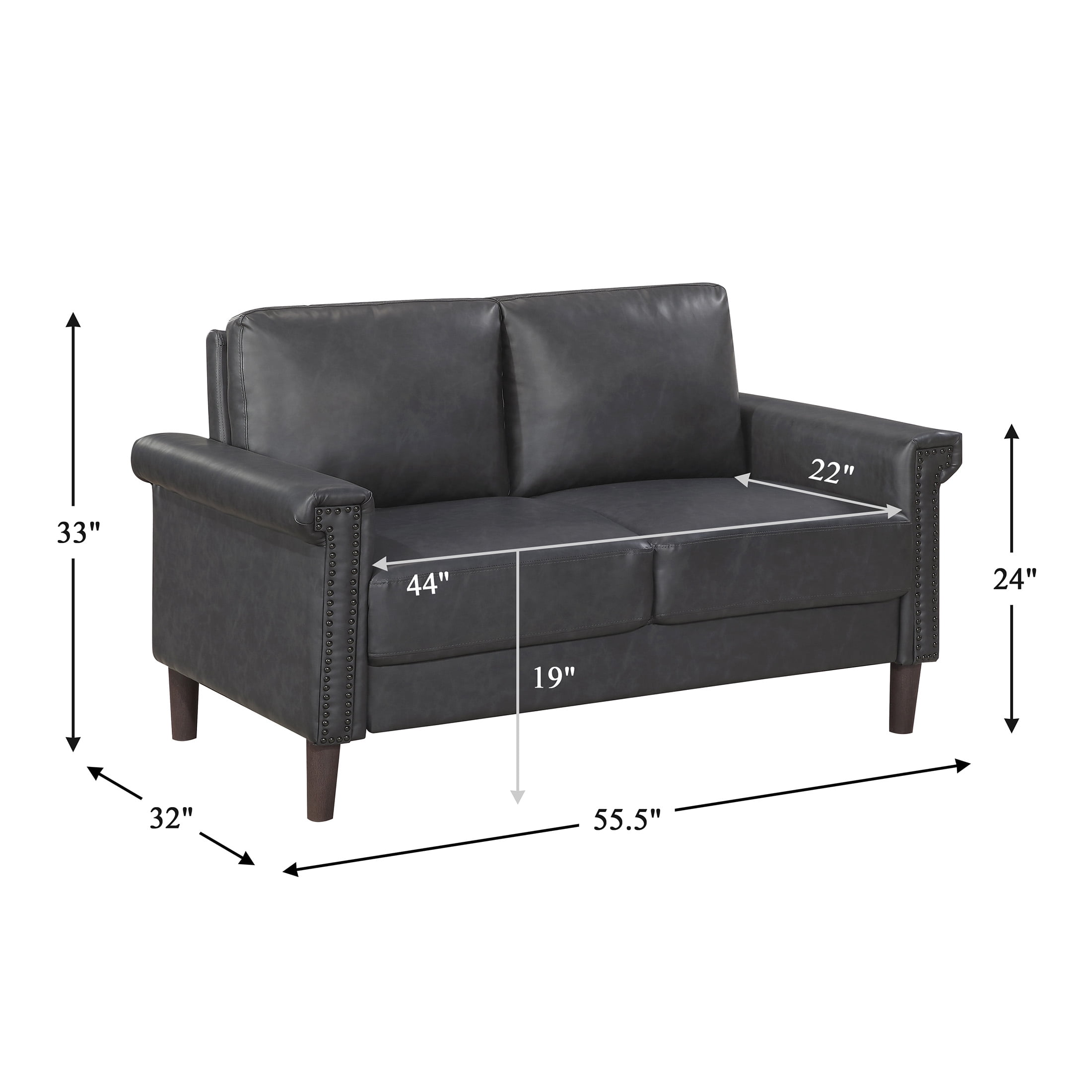 OakvillePark Hartwell Faux Leather Love Seat with Nailhead Trim, Dark Gray