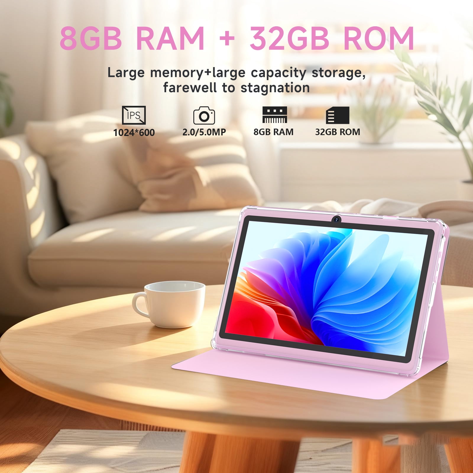 7Inch Android Tablet with Protective Case, 8GB(3+5Expand) RAM+ 32GB ROM, IPS Screen, Dual Camera, Bluetooth 5.0 WiFi Tab, Pink
