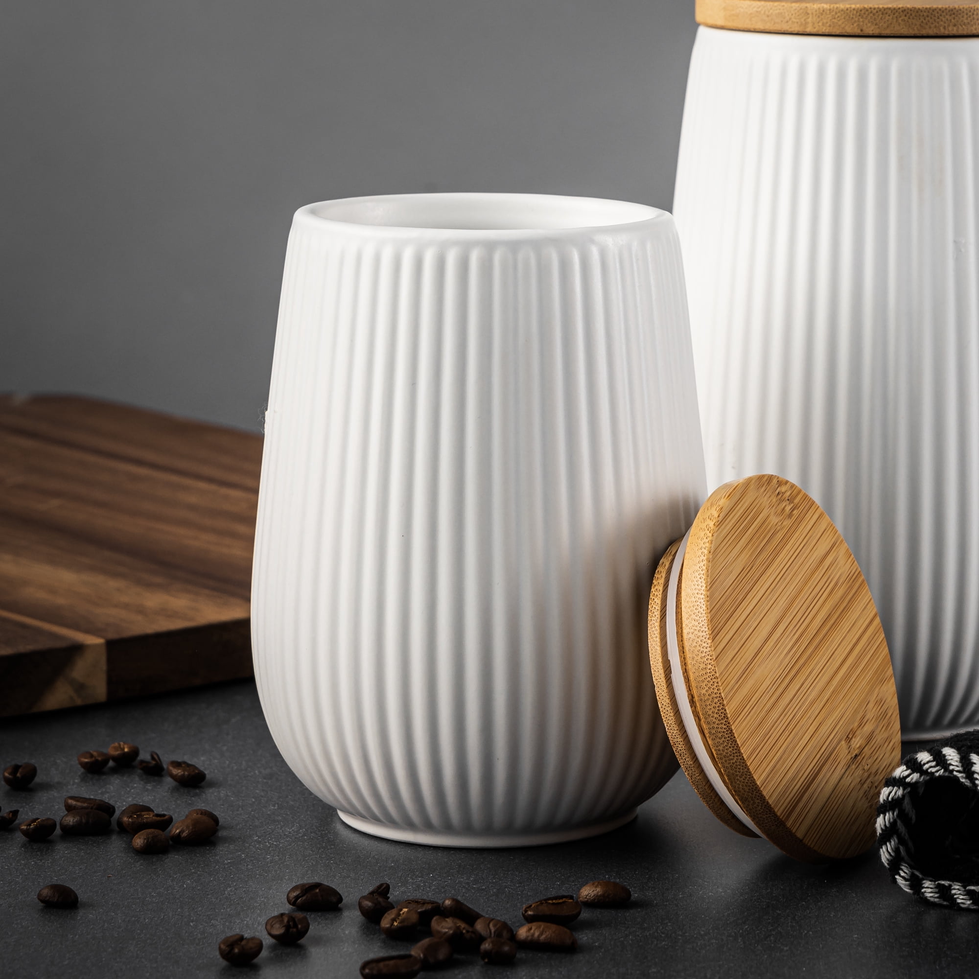 Thyme & Table Small (693 ml) Ceramic Ribbed Kitchen Organization Canister with Bamboo Lid, White