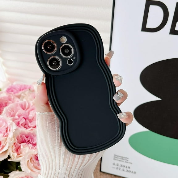 for iPhone 14 Pro Case 6.1 Inch Curly Wave Frame Phone Case Cute Design Color Aesthetic Phone Case Soft TPU Shockproof Protective Bumper Case Cover for Girls, Black