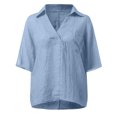 thumbnail image 4 of Pincandy Women's Cotton Linen Blend Solid Color 3/4 Sleeve Collared T Shirt with Pocket V Neck Casual Tee Breathable Top Perfect for Spring Fall Daily Wear, 4 of 5