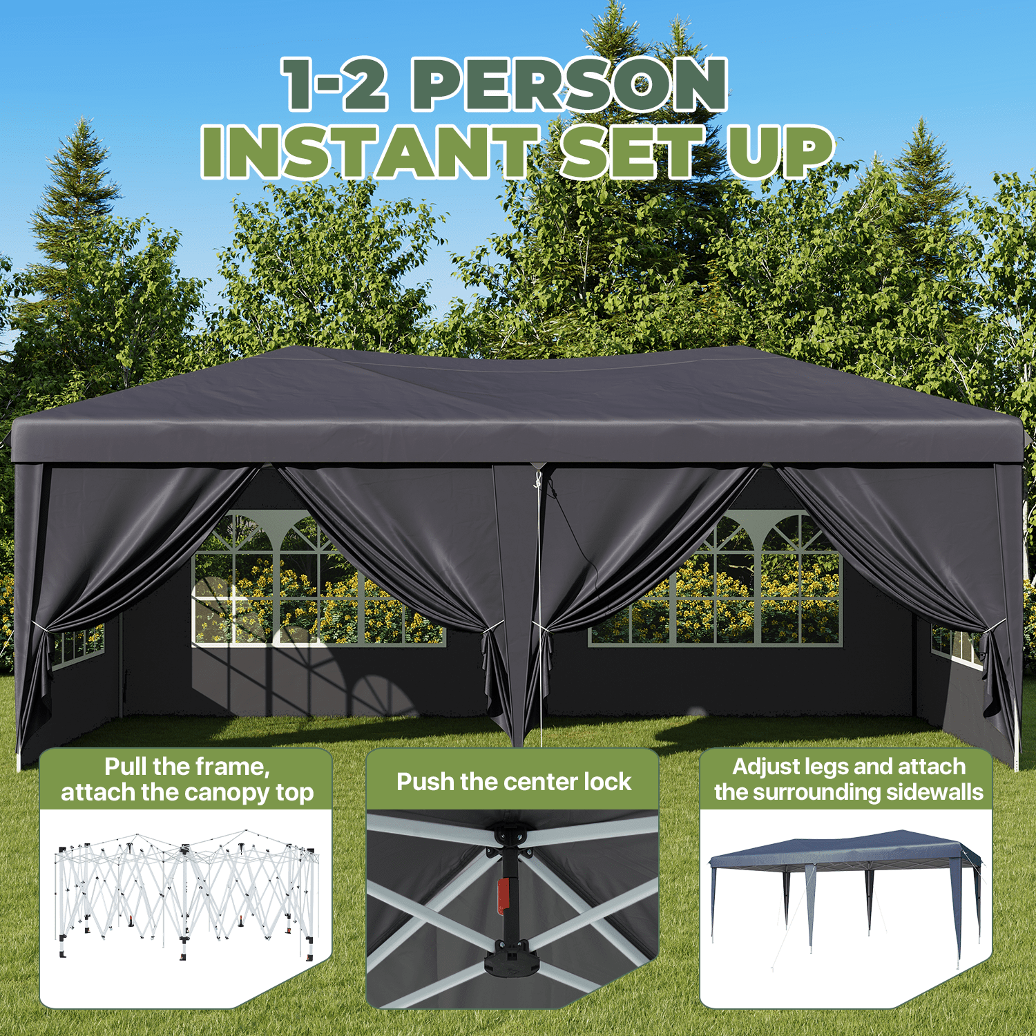 BaPiPro 10'x20' Pop up Canopy Tent, Folding Outdoor Party Wedding Event Tent with 6 Removable Sidewalls, 4 Windows, Portable Instant Shelter Canopy Gazebo, Gray