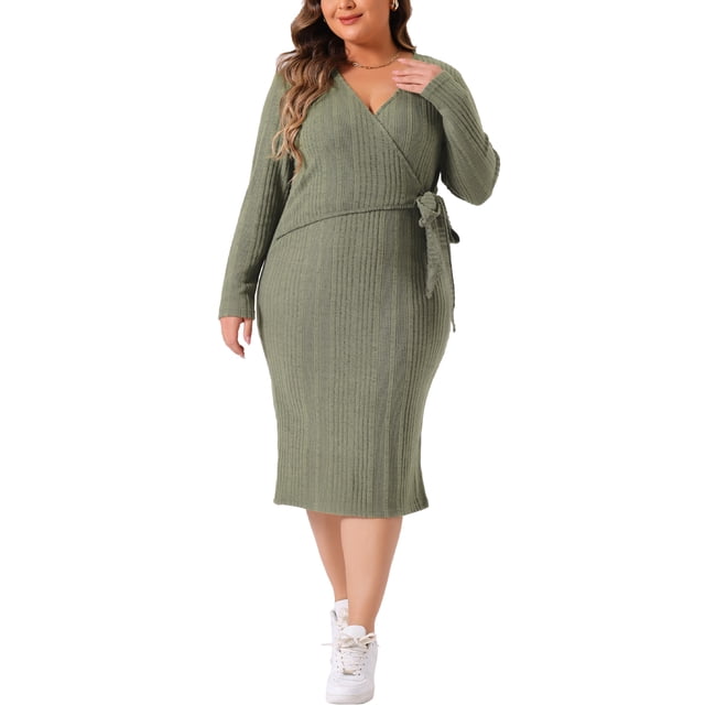 Vestido Plus Size Agnes Orinda para Mujeres Elegante Envoltura Cuello en V Manga Larga Con Abertura Midi Con Cinturón 4X Verde