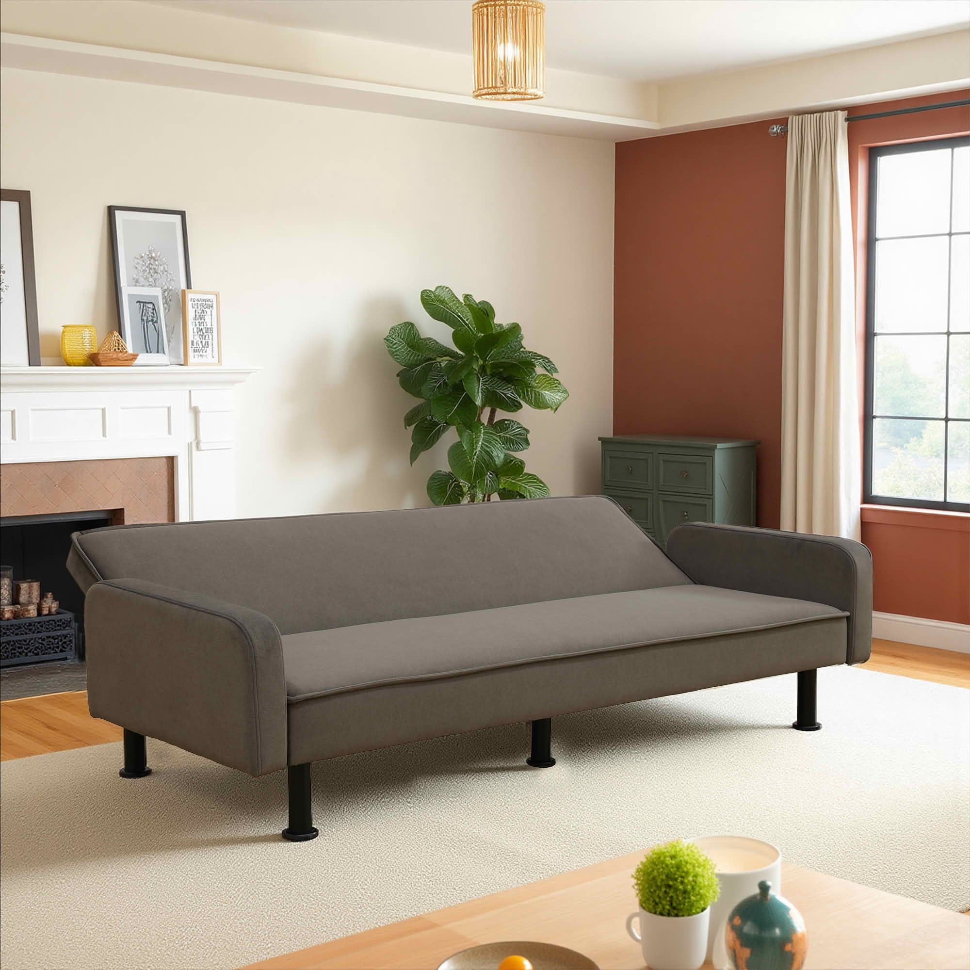 MAYEERTY 77.5 Inch Tan Calico 1-Piece Convertible Sofa Bed, Retro Printed Fabric Dual Purpose Living Room Sofa Couch
