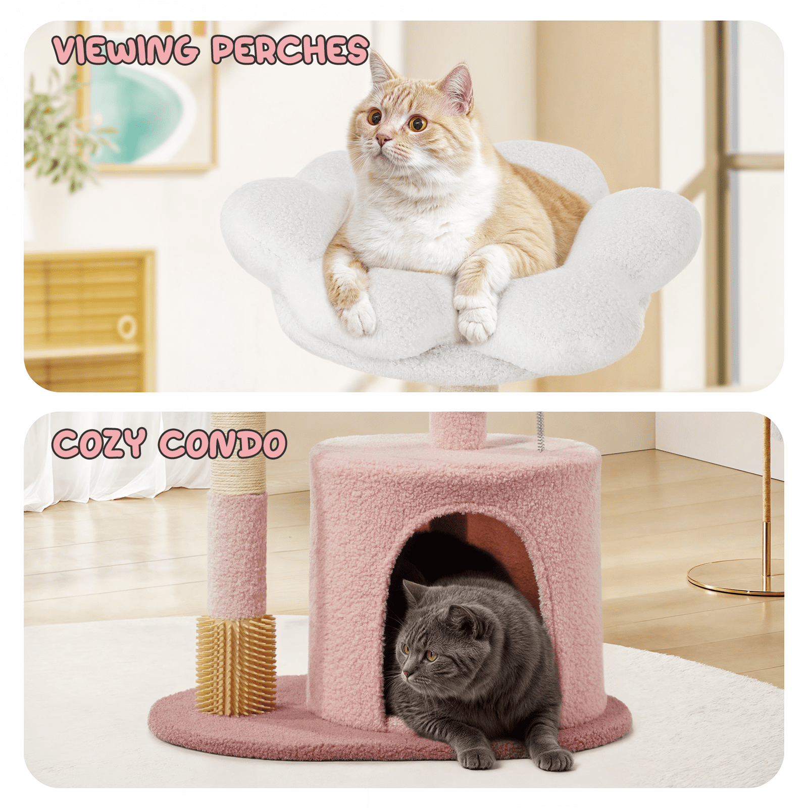MoNiBloom 33" Flower Cat Tree for Indoor Cats, Compact Cat Tower with Condo, Scratching Posts, Flower Perch & Dangling Toys for Kittens & Small Cats, Cute Cat Furniture Stand, Pink