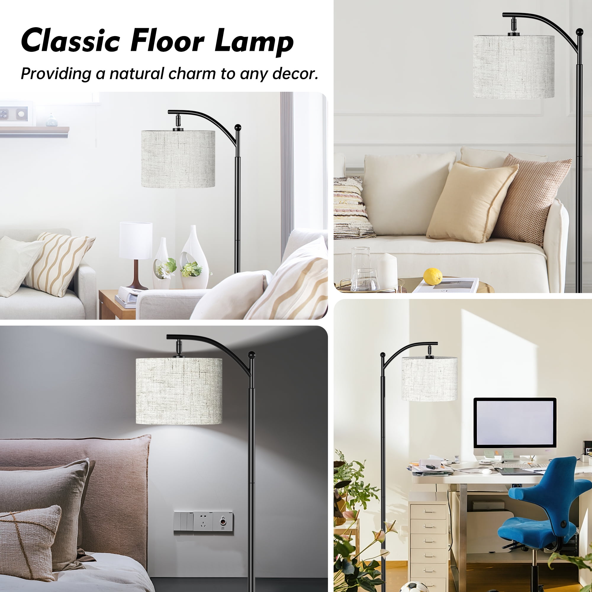 Cshidworld Floor Lamp for Living Room with 3 Color Temperatures, Tall Modern Standing Lamp with Linen Shade, Footswitch, Mid Century Floor Lamp for Bedrooms, Office (9W LED Bulb Included)