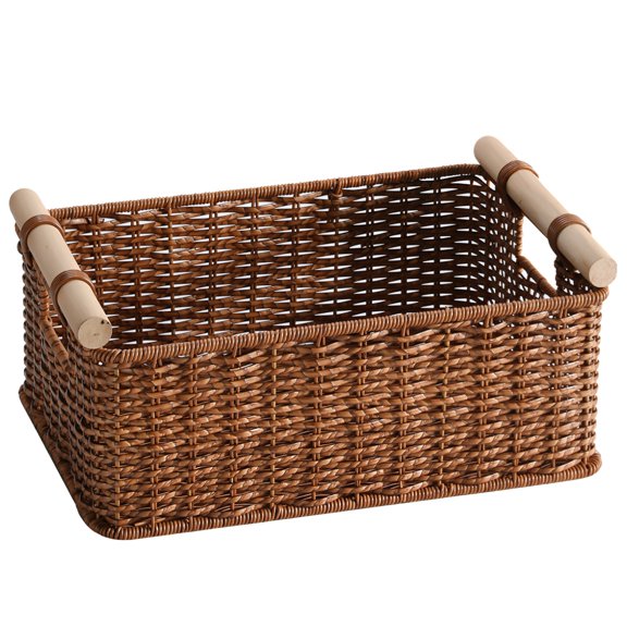Vintage Rattan Storage Basket with Handle, Large Decorative Storage Bin for Living Room, Bookshelf, Kitchen, Woven Design, Sturdy and Elegant