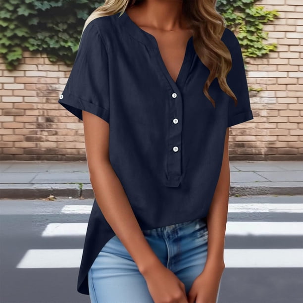 TaTaai Summer V Neck Casual Top, Women's Half Button Open Front Design, Linen Inspired Short Sleeve Solid Color Shirt Gift