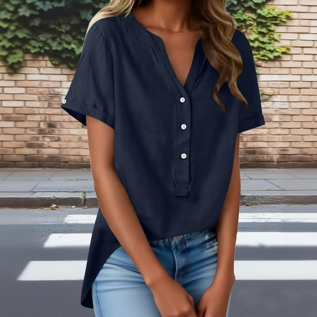 TaTaai Summer V Neck Casual Top, Women's Half Button Open Front Design, Linen Inspired Short Sleeve Solid Color Shirt Gift