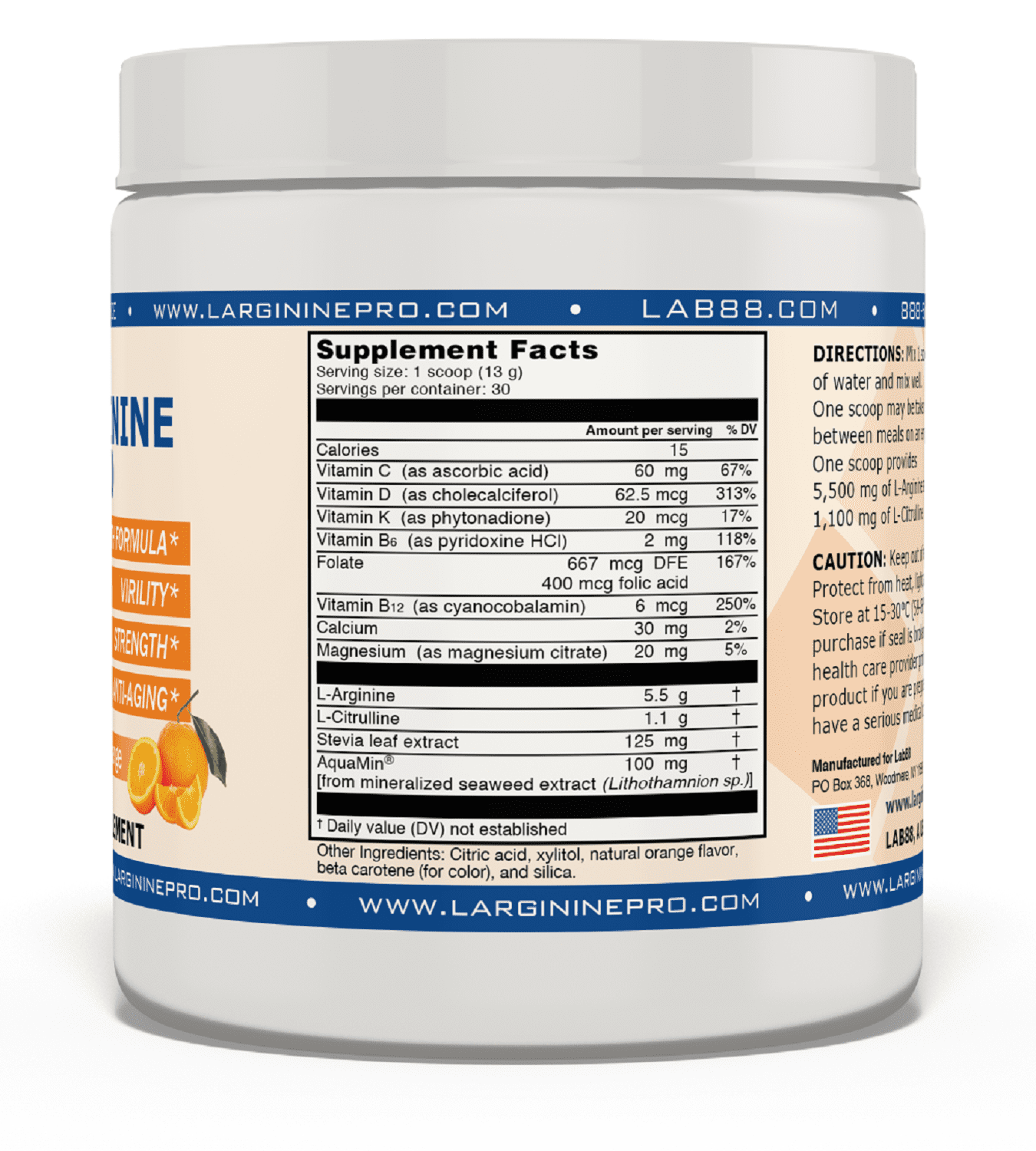 L-Arginine Pro Powder - 5500mg L-Arginine, 1100mg L-Citrulline Cardio Health (Citrus Orange, 5 Jars)