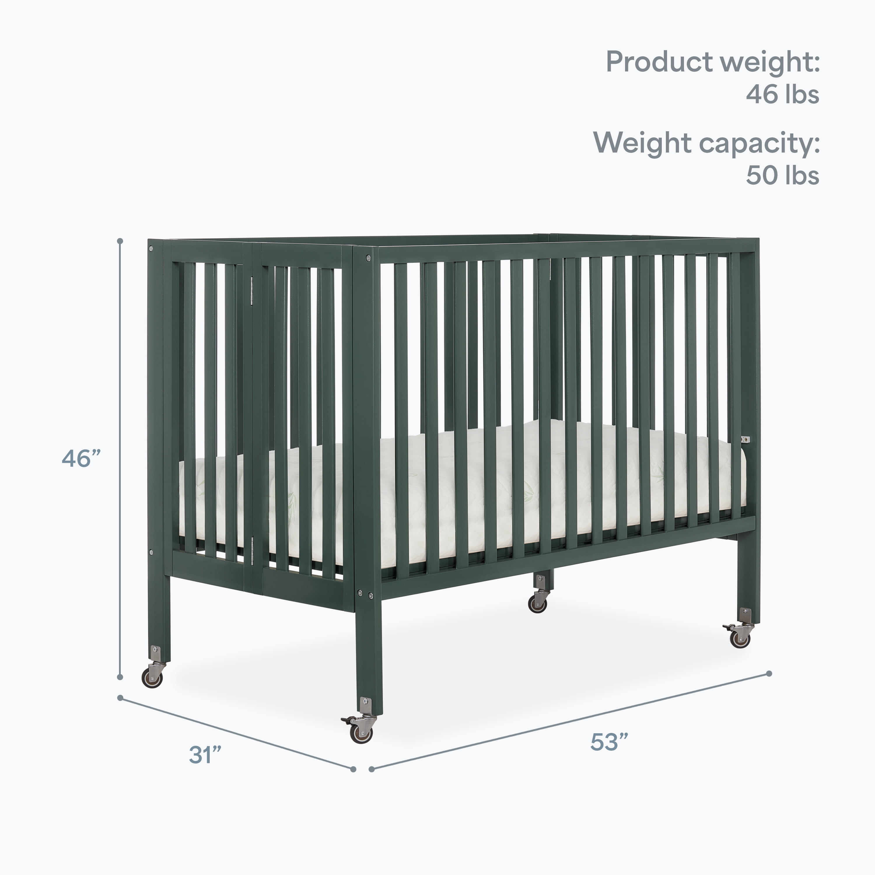 Dream On Me Quinn Full-Size Folding Crib, Removable Wheels, Modern Nursey, Adjustable Mattress Support, Patent Folding System in Olive
