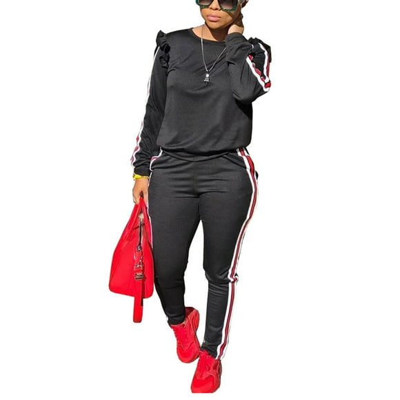 Akmipoem Juniors 2 Piece Outfits Ruffle Sleeve Sweatshirt and Pants Sweatsuits Set Tracksuits Black L