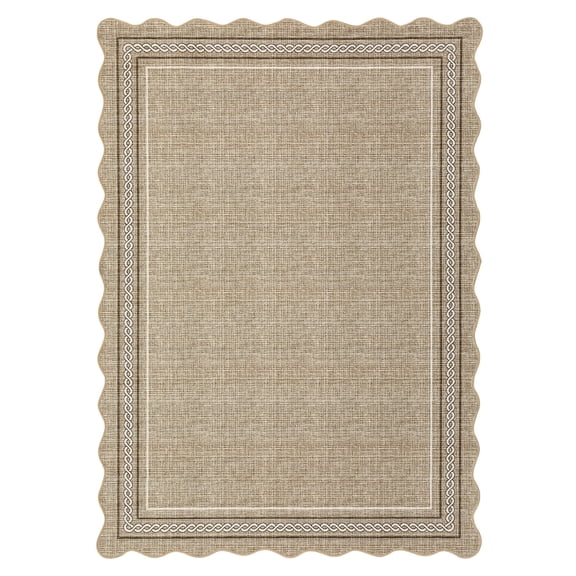 Washable Area Rugs 9x12 Living Room Rug Scalloped Jute Printed Non Slip Soft Bedroom Rugs Low Pile Foldable Large Rug Stain Resistant Carpet