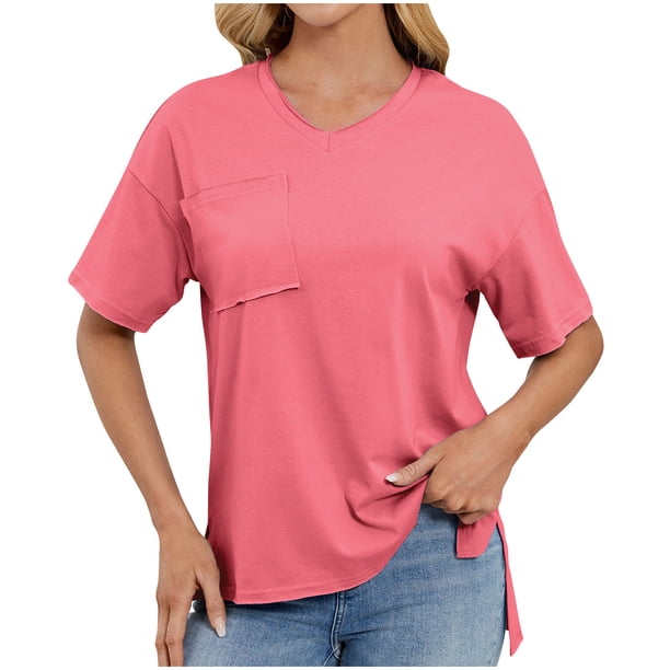 Camiseta de Manga Corta de Bolsillo de Cuello en V de Color Sólido, con Detalle Del Doblado de la Hendidura para el Uso Diario Y de Ocio