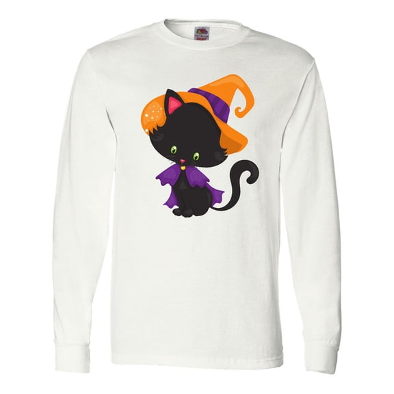 Inktastic Black Cat, Cat Wearing Witch Hat, Halloween Long Sleeve T-Shirt