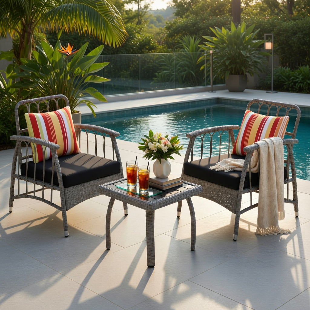 Hommoo 3-Piece PE Wicker Patio Furniture Set, Outdoor Chairs with 5-Position Adjustable Backrest & Square Coffee Table, All-Weather Garden Seating for Porch, Balcony, Backyard, Gray
