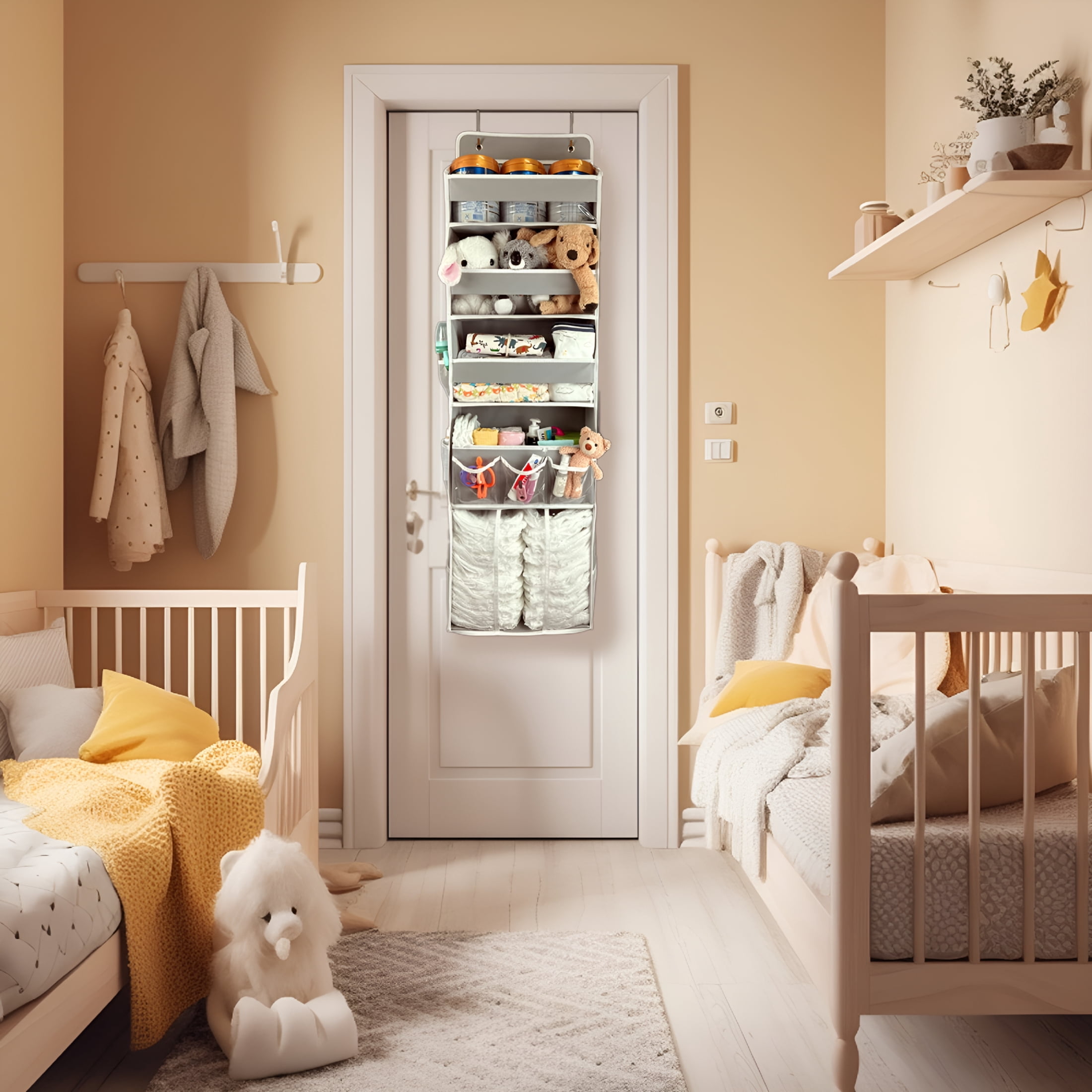 XIBUFE Baby Hanging Organizer 5-Shelf Over-The-Door Organizer with Diaper Caddy, Grey, 1 Count over the Door Organizer Nursery