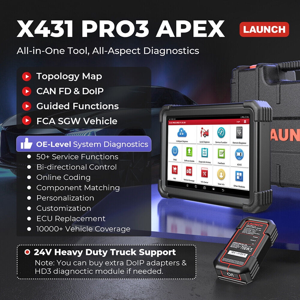 Launch X431 PRO3 APEX Wireless Car Diagnostic Scanner All-System Diagnostics Online Coding, Topology Map, CAN FD & DoIP, HD Truck Scan, 37+ Services, IMMO,10.1 Inch