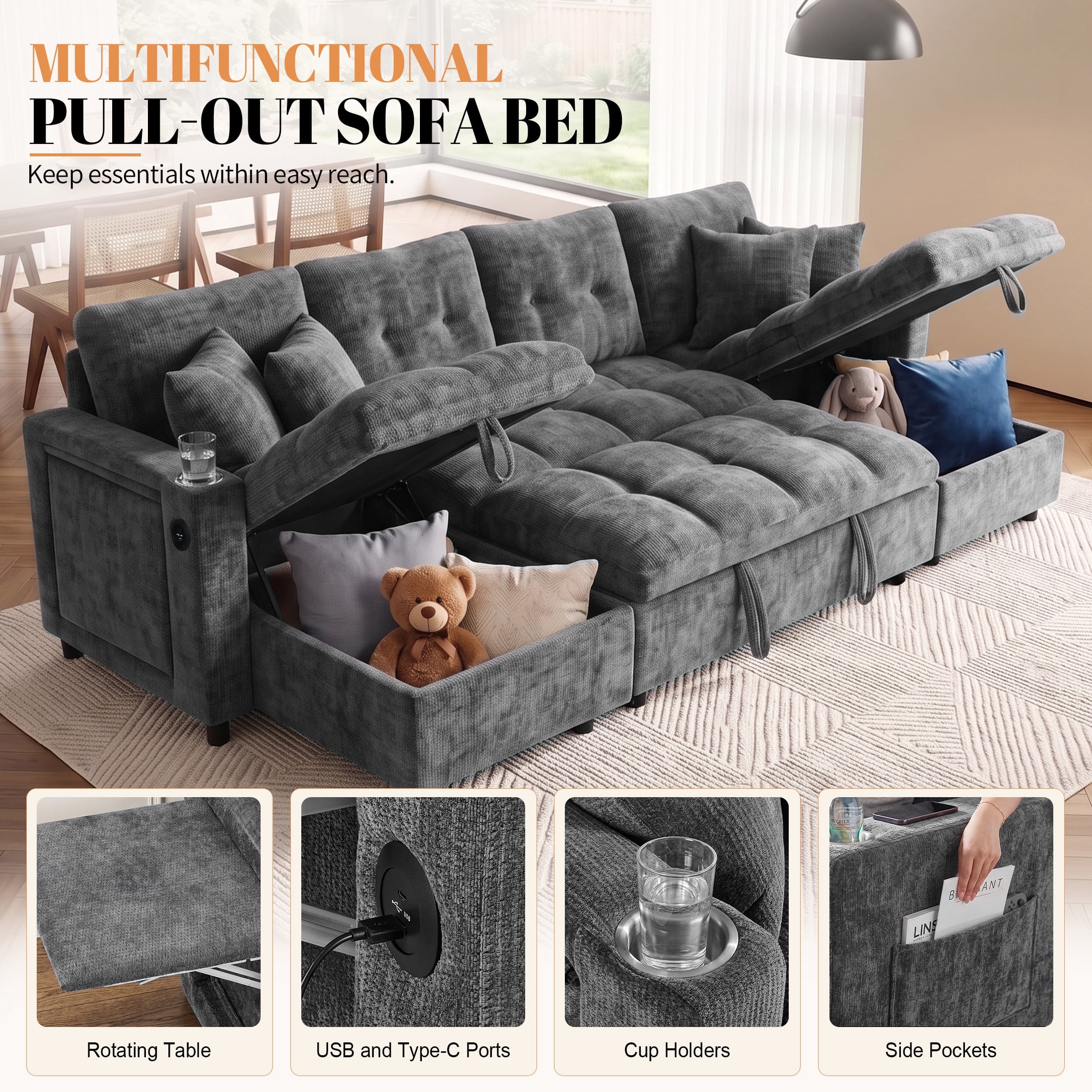 Aukfa 108" U Shaped Sleeper Sectional Sofa with Pull Out Bed, Chenille Convertible Sofa, Storage Chaise, USB/Type-C Ports & Side Table, Gray