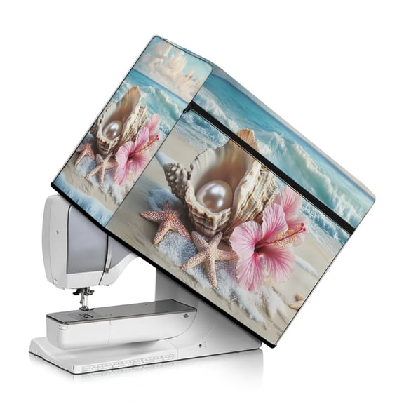 HELLHERO Seashell Pearl and Hibiscus Sewing Machine Cover with Pocket to Store Accessories Foldable Waterproof Dustproof Cover for Housewife